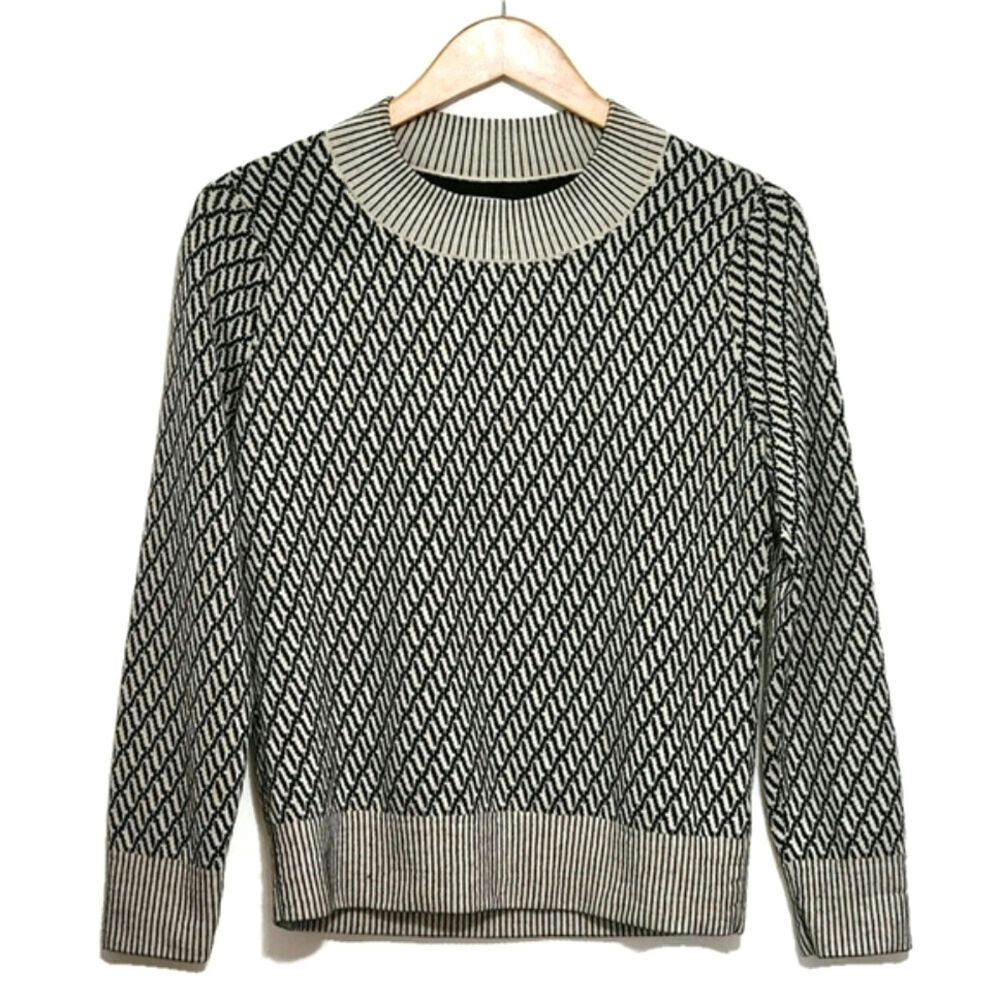 Tanya Taylor Geometric Knit Virgin Wool Sweater Round Neck Black White L Modern - Picture 13 of 13